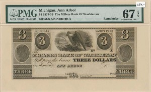 Millers Bank of Washtenaw - PMG #67 Graded - Ann Arbor Michigan - Obsolete Banknote